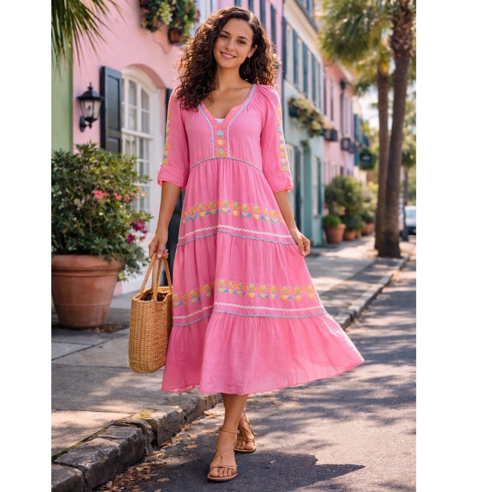 Simply Southern Pink Embroidered Boho Peasant Maxi Dress Cottagecore Beach S NWT